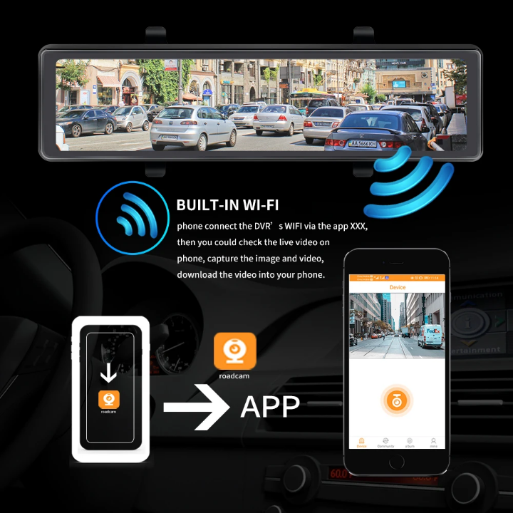 شاشة مراية تسجيل الطريق 4K واي فاي